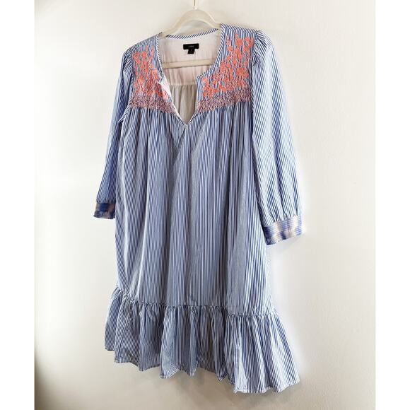 J. Crew Leda Popover Embroidered Striped 3/4 Sleeve Cotton Mini Dress Blue Small - Picture 8 of 9
